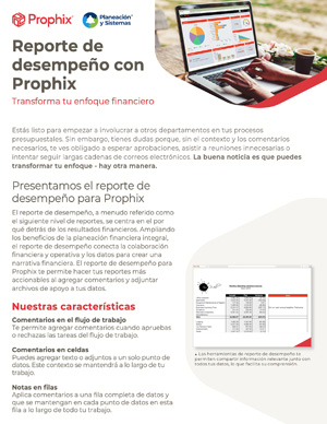 Portada del documento: Reporte de Desempeño con Prophix. Laptop mostrando una interfase de Prophix.