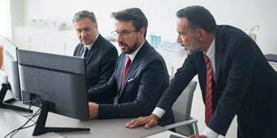 Tres hombres de negocios están sentados frente a un escritorio. Los tres argumentan sobre el contenido de finanzas que se muestra en un monitor. El escritorio es de una sala de juntas.